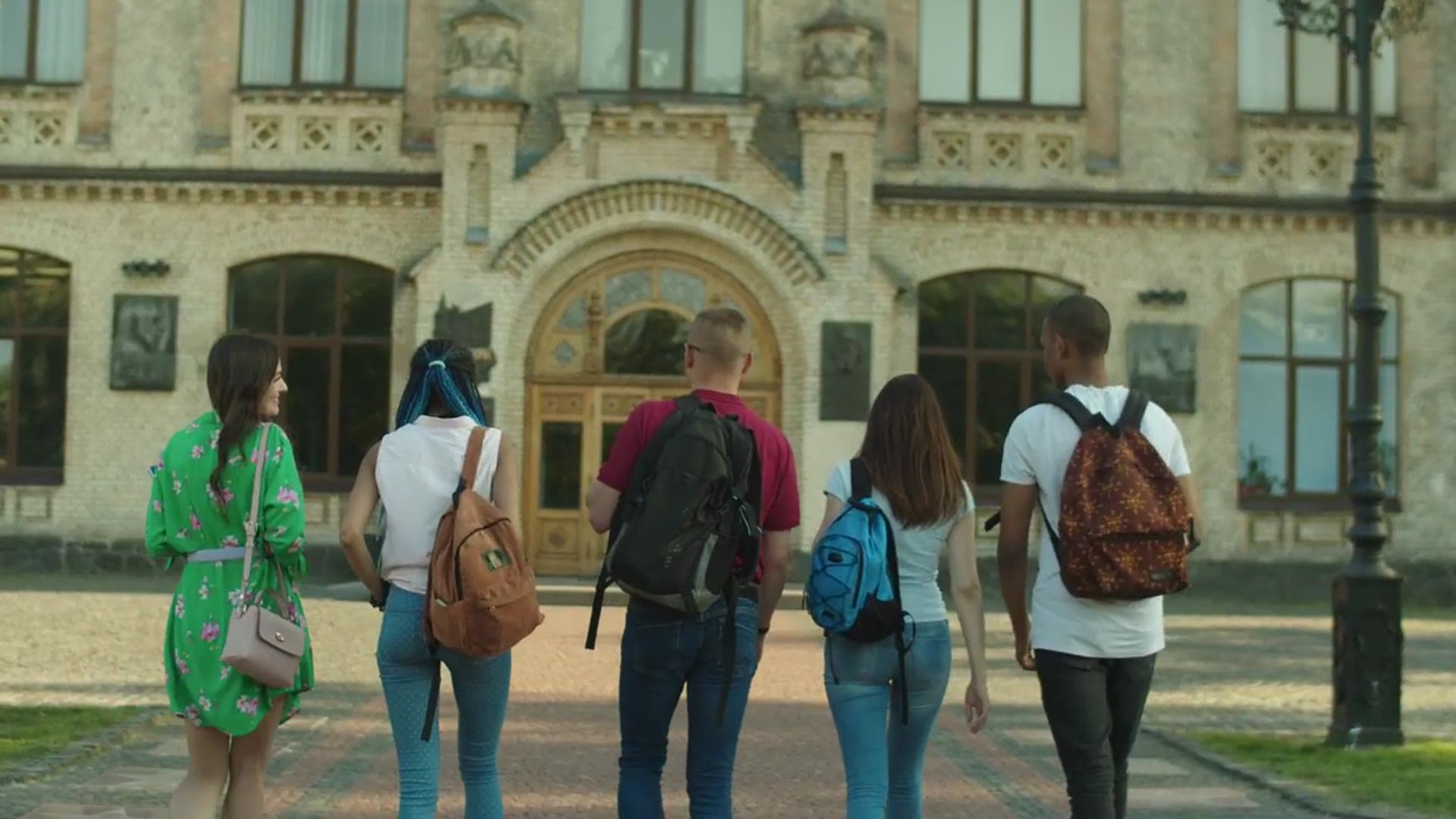 International students talking together on a university campus